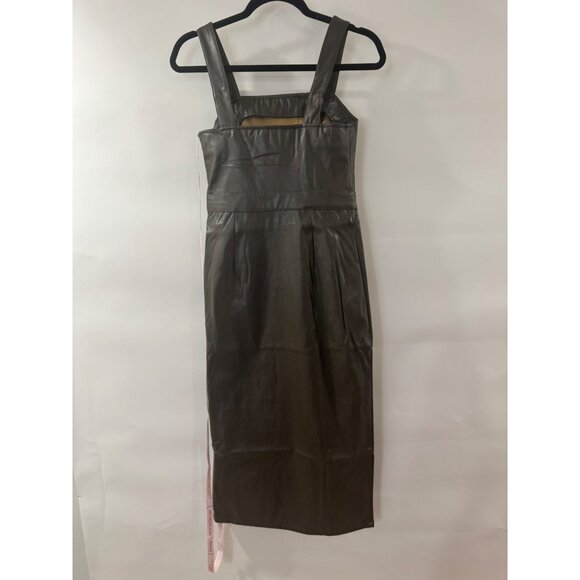 Choosy Faux Leather Midi Dress With Belted Waist & Slit Detail - olive green Siz - Picture 3 of 4